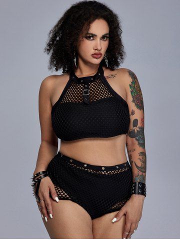 Maillot de Bain Bikini Gothique Superposé en Résille à Col Halter Trois Pièces