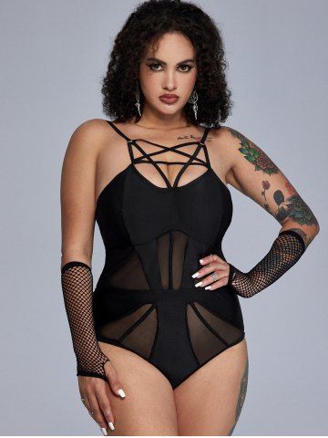 Gothic Mesh Panel Caged Cutout Strappy One-piece Swimsuit - BLACK - 1X | US 14-16