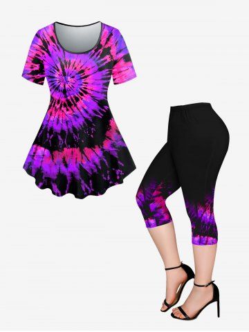 Tie Dye Short Sleeves T-shirt and Pocket Capri Jeggings Plus Size Outfits