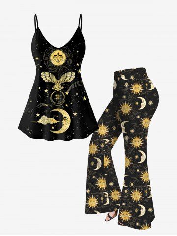Sun Moon Stars Print Cami Top and Pull On Pants Plus Size Summer Outfit - BLACK
