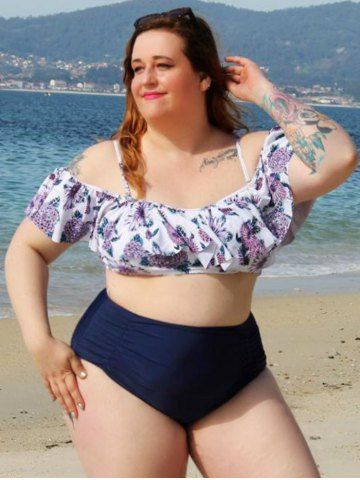 Plus Size 1950s Floral Ruffle Ruched Two Piece Swimwear - DEEP BLUE - 5X