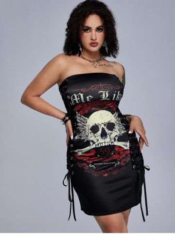 Gothic Skull Graphic Lace-up Bodycon Bandeau Dress