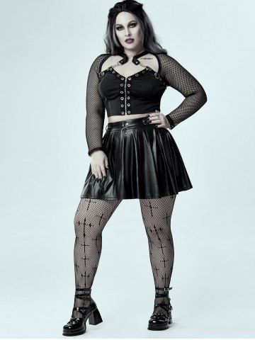 Gothic Sheer Fishnet Cutout Grommets Ring Zip Front Crop Top