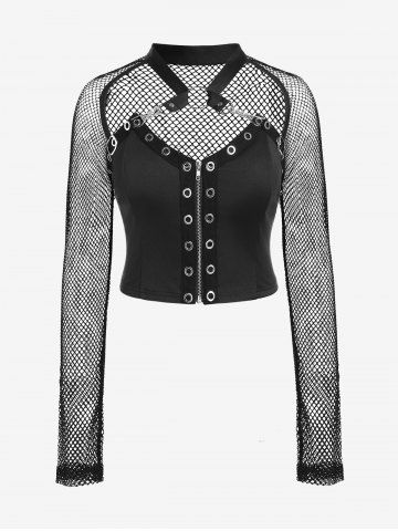 Gothic Sheer Fishnet Cutout Grommets Ring Zip Front Crop Top