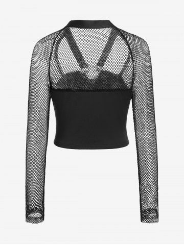 Gothic Sheer Fishnet Cutout Grommets Ring Zip Front Crop Top