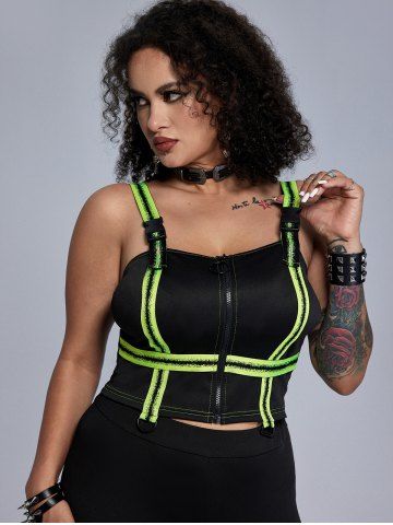 Gothic Zip Front Rings Buckle Contrast Strap Cargo Cropped Tank Top - BLACK - 3X | US 22-24