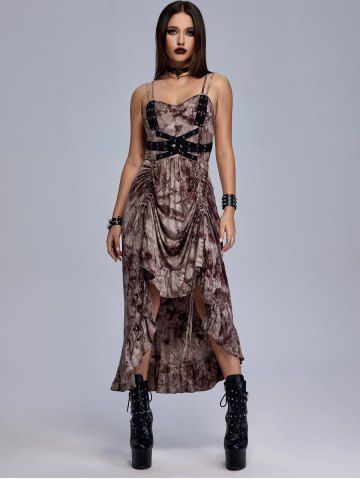 Gothic Tie Dye Grommets Crisscross Ruffle Cinched Ruched Maxi Dress (Adjustable Straps) - DEEP COFFEE - 5X | US 30-32