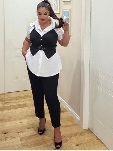 Plus Size Two Tone Short Sleeves Shirt with Buckle