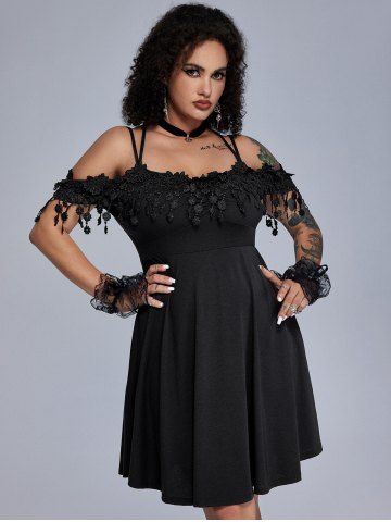 Gothic Guipure Lace Applique Tassel Crisscross Cold Shoulder Dress - BLACK - 2X | US 18-20