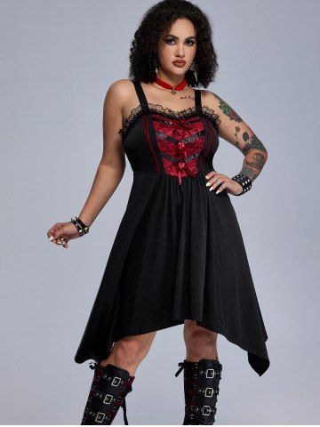 Gothic Contrast Lace Panel Bows Frilled Asymmetrical Midi Dress - RED - 3X | US 22-24