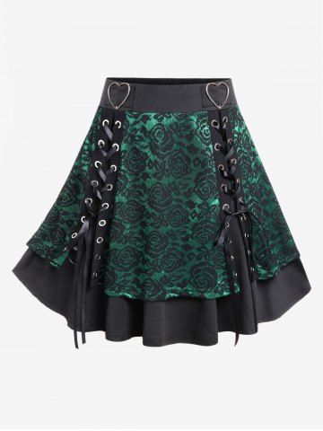 Plus Size Heart Buckles Lace Up Floral Lace Layered Skirt - GREEN - L | US 12