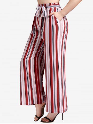 Plus Size Striped Print Pockets Tied Wide Leg Pants - RED - L | US 12