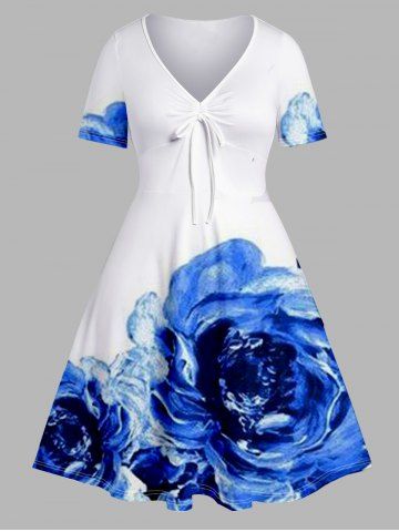 Plus Size Flower Print Cinched V Neck Empire Waist A Line Midi Dress - BLUE - L