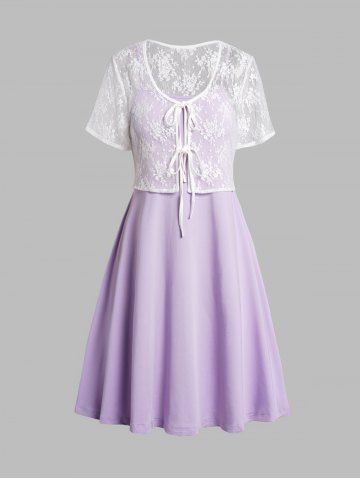 Plus Size Colorblock Plain High Waist A Line Mini Dress And Lace Tied Front Top Set - LIGHT PURPLE - L