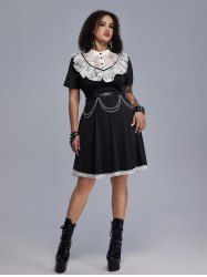 Contrast Lace Panel Retro Fit and Flare Dress And Layered Rings Faux Leather Belt Waist Chain Gothic Outfit -  
