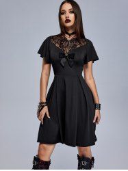 Gothic Lace Panel Bow Pleated Detail Flutter Sleeve Dress -  