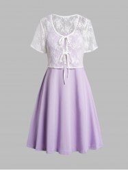 Plus Size Colorblock Plain High Waist A Line Mini Dress And Lace Tied Front Top Set -  