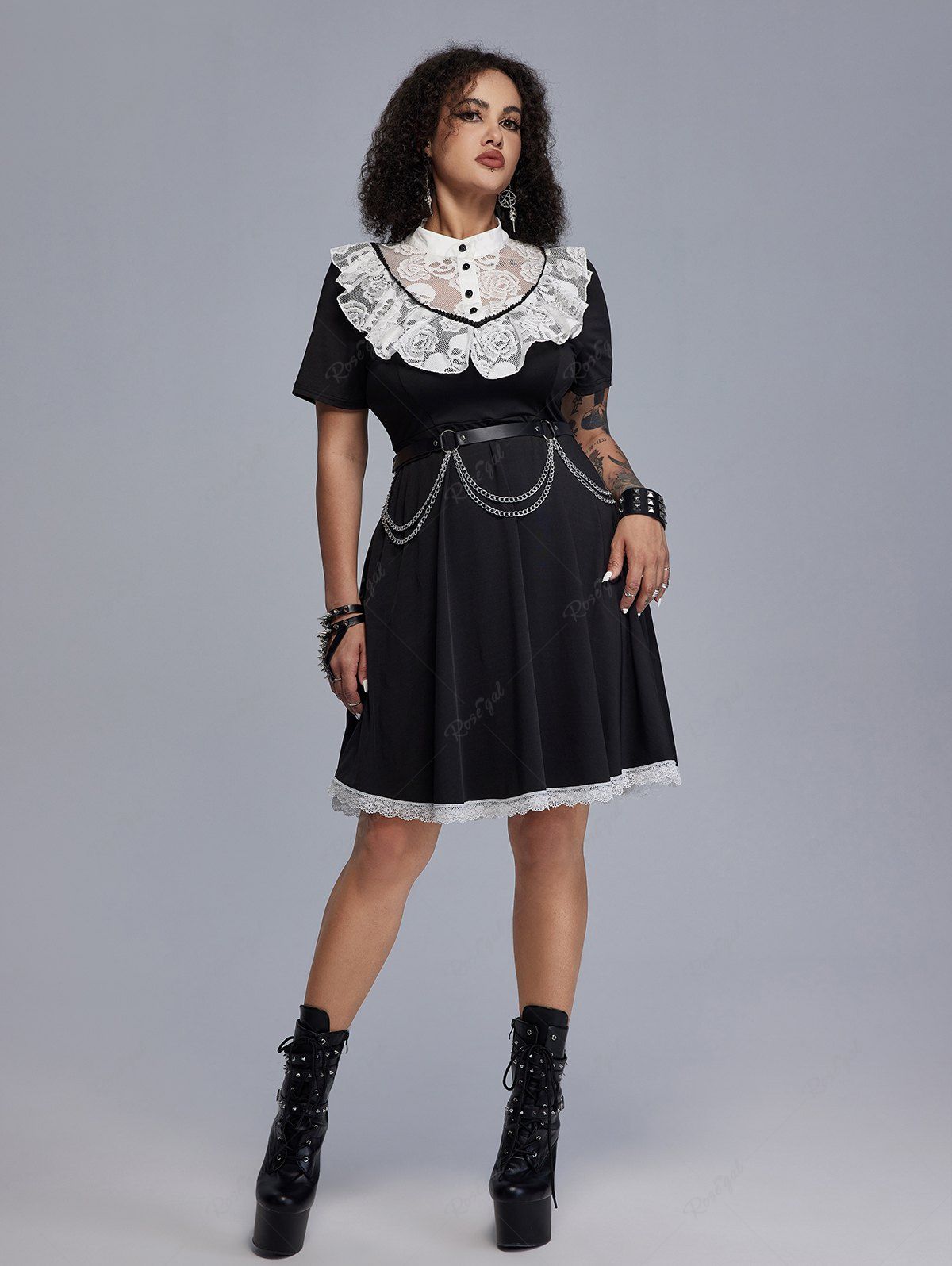 Cheap Contrast Lace Panel Retro Fit and Flare Dress And Layered Rings Faux Leather Belt Waist Chain Gothic Outfit  