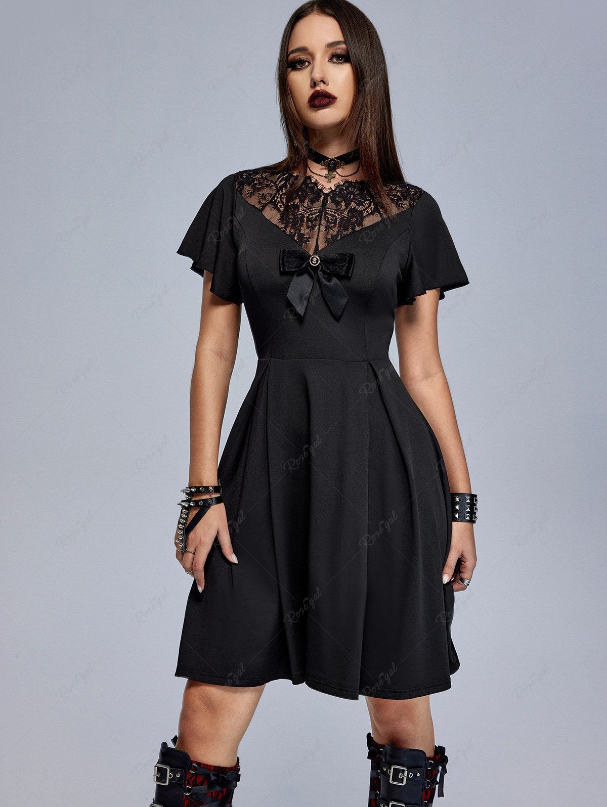Trendy Gothic Lace Panel Bow Pleated Detail Flutter Sleeve Dress  