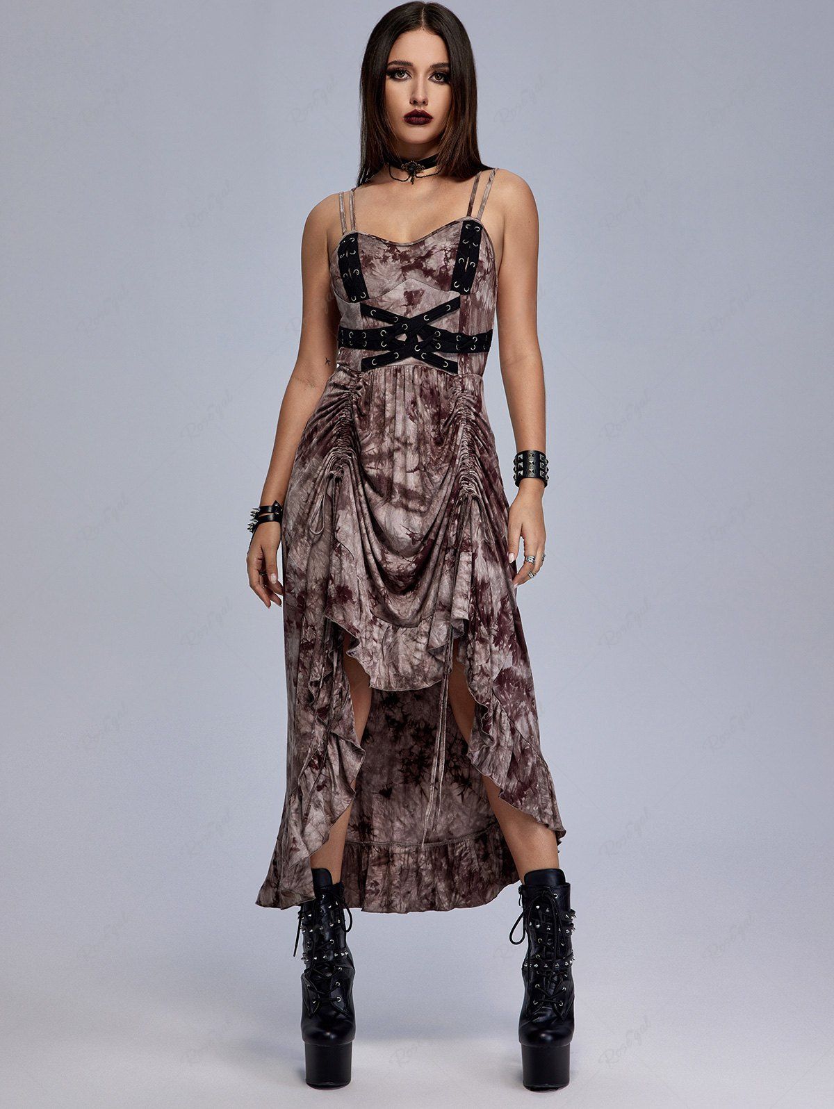 Affordable Gothic Steampunk Tie Dye Grommets Crisscross Ruffle Cinched Ruched Maxi Dress (Adjustable Straps)  