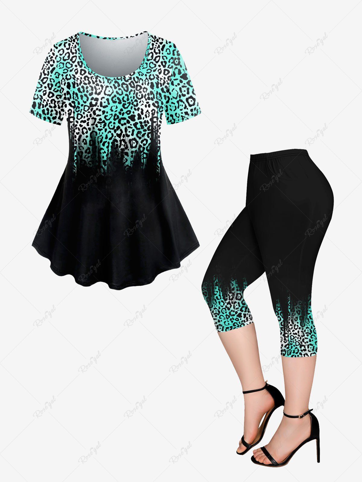 Unique Colorblock Leopard Print T-shirt and Capri Leggings Plus Size Outfits  