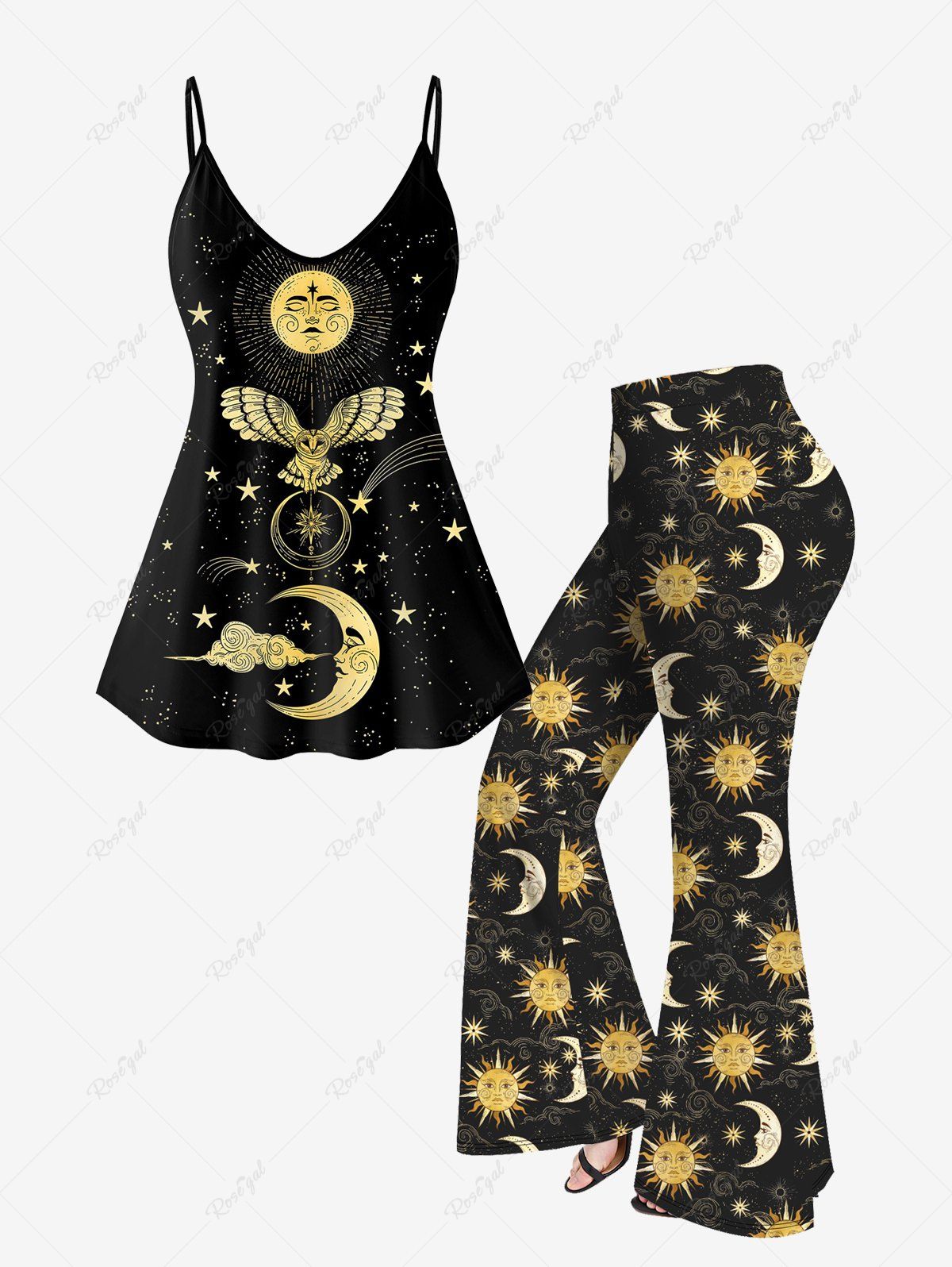 Fashion Sun Moon Stars Print Cami Top and Pull On Pants Plus Size Summer Outfit  