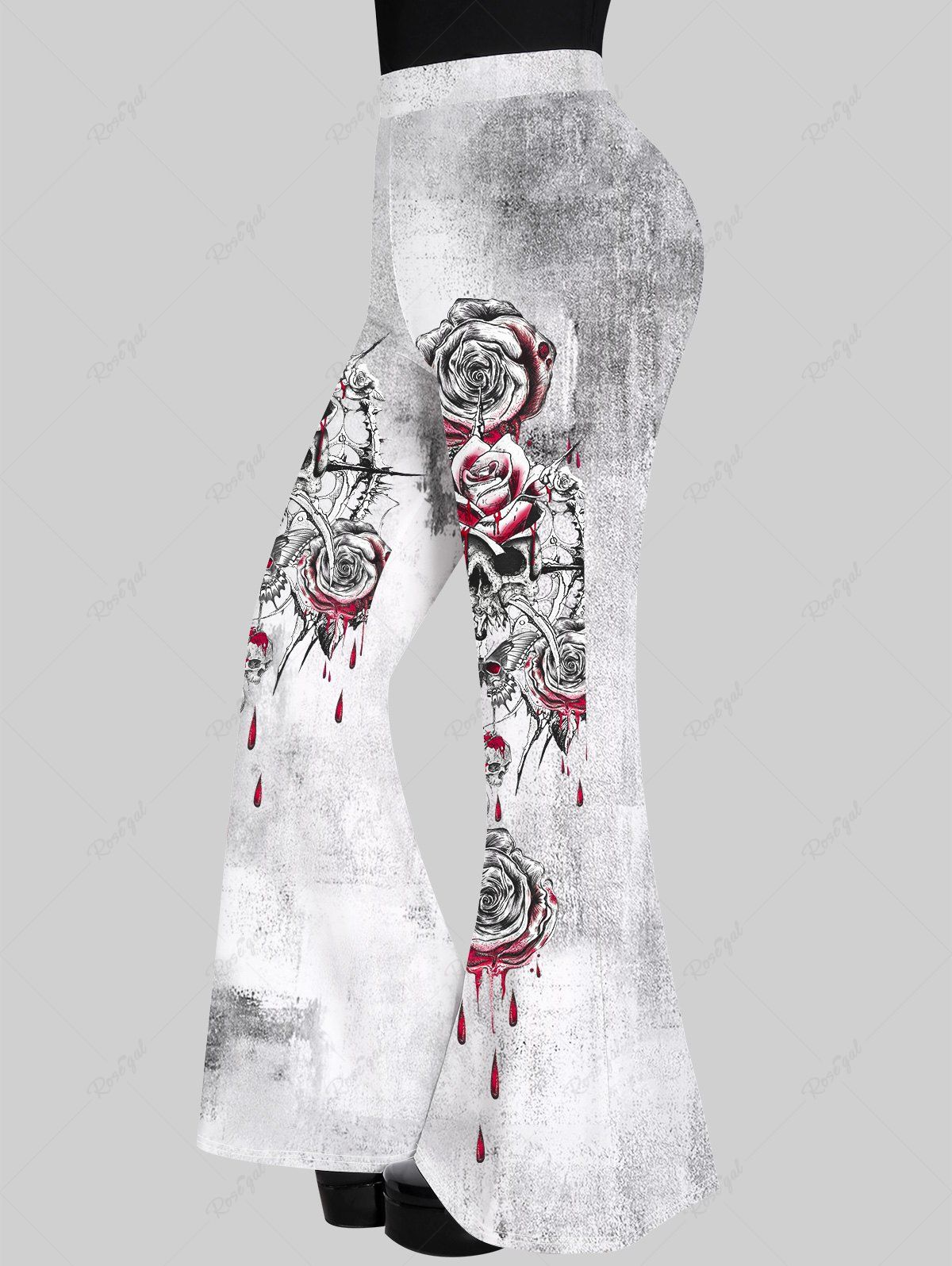 Cheap Gothic Blood Rose Print Flare Pants  