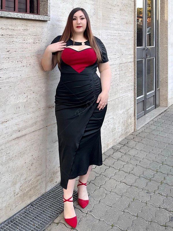 Fashion Plus Size Valentine Day Ring Heart-shaped Colorblock Ruched Cutout Mermaid Dress  