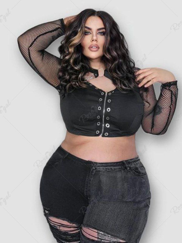 Discount Gothic Sheer Fishnet Cutout Grommets Ring Zip Front Crop Top  