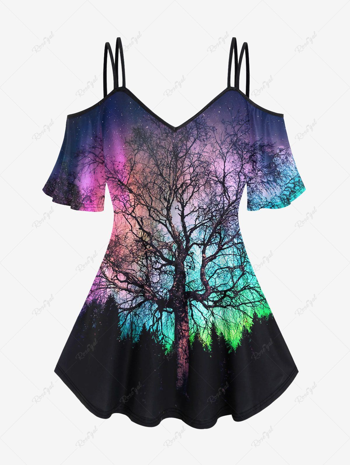 Outfit Plus Size Ombre Trees Print Cold Shoulder Short Sleeve T-shirt  