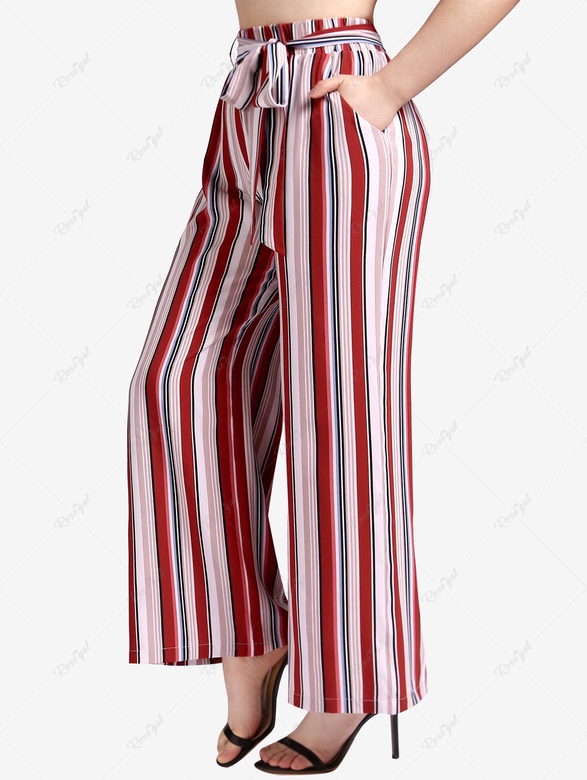 Plus Size Striped Print Pockets Tied Wide Leg Pants Rouge 1X | US 14-16