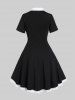 Contrast Lace Panel Retro Fit and Flare Dress And Layered Rings Faux Leather Belt Waist Chain Gothic Outfit -  