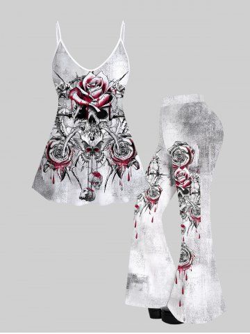 Gothic Blood Flower Butterfly Skull Printed Cami Top (Adjustable Shoulder Strap) and Flare Pants Outfit - WHITE