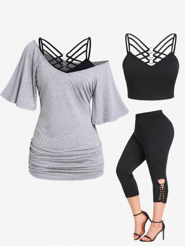 Raglan Sleeves Skew Neck Tee and Strappy Crop Top Set and Hollow Out Skinny Leggings Plus Size Outfit