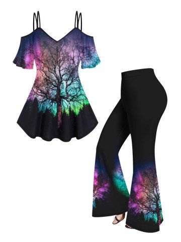 Ombre Trees Print Cold Shoulder T-shirt and Flare Pants Plus Size 70s 80s Outfits - PURPLE