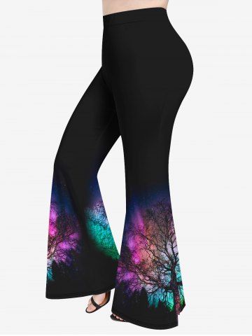 Ombre Trees Print Cold Shoulder T-shirt and Flare Pants Plus Size 70s 80s Outfits