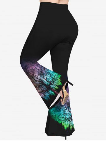Ombre Trees Print Cold Shoulder T-shirt and Flare Pants Plus Size 70s 80s Outfits