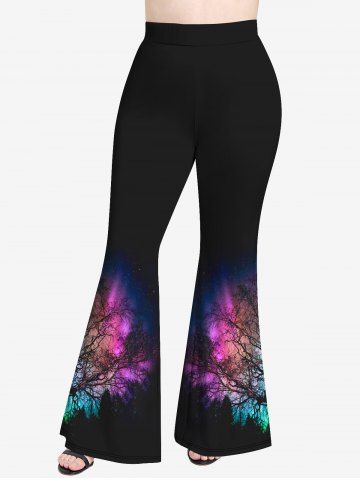 Ombre Trees Print Cold Shoulder T-shirt and Flare Pants Plus Size 70s 80s Outfits