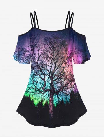 Ombre Trees Print Cold Shoulder T-shirt and Flare Pants Plus Size 70s 80s Outfits