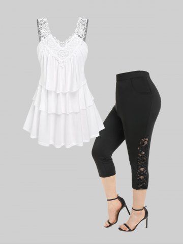 Guipure Lace Panel Flounce Layered Tank Top and Capri Leggings Plus Size Summer Outfit