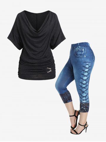 Batwing Sleeves Ruched Ribbed Tee and 3D Jeans Leggings Plus Size Summer Outfit - BLACK