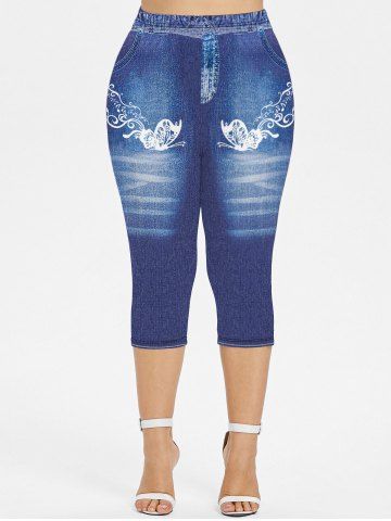 Plus Size Butterfly Pockets Denim Print Capri Jeggings