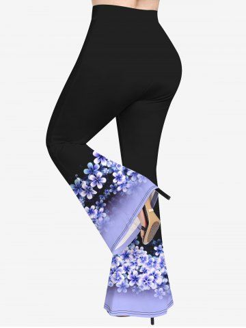Plus Size Colorblock Flower Print Flare Pants