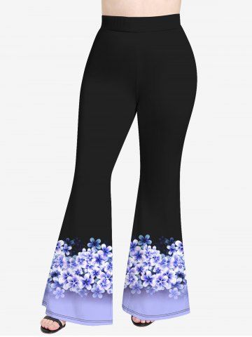 Plus Size Colorblock Flower Print Flare Pants