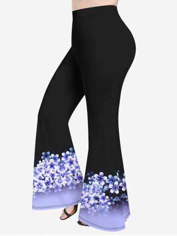 Plus Size Colorblock Flower Print Flare Pants - LIGHT PURPLE - 1X