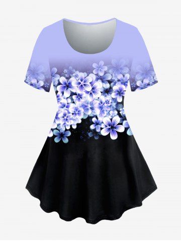 Plus Size Flower Colorblock Print Short Sleeve T-shirt - LIGHT PURPLE - 1X | US 14-16