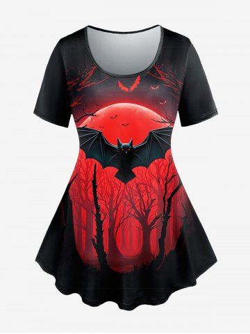 Gothic Tree Bat Sunset Print Short Sleeve T-shirt - BLACK - S | US 8
