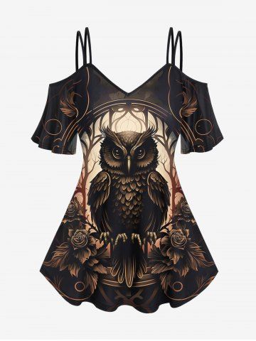 Gothic Owl Tree Flower Print Cold Shoulder T-shirt - BLACK - 1X | US 14-16