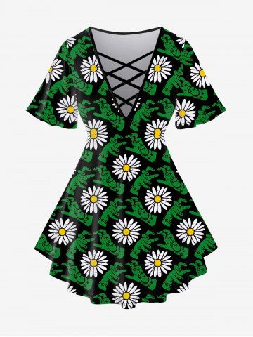 Gothic Hands Flower Print Crisscross Short Sleeve T-shirt - GREEN - L