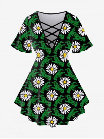 Gothic Hands Flower Print Crisscross Short Sleeve T-shirt - GREEN - 4X